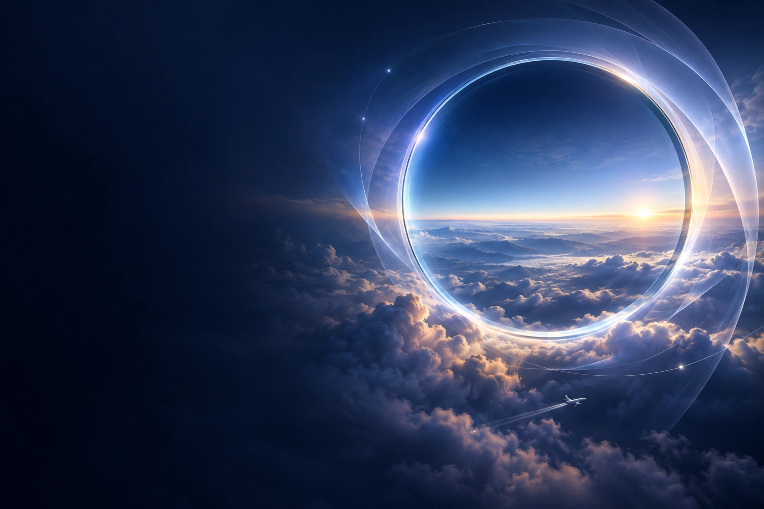 Aircraft above clouds at sunrise beneath a luminous circular arc