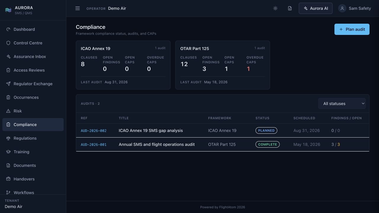 FlightAtom Aurora Compliance Board screenshot