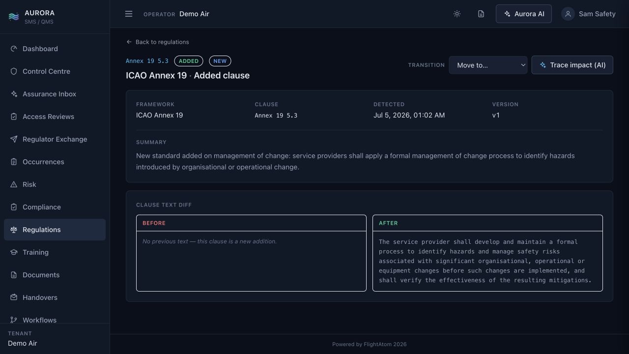 FlightAtom Aurora Regulatory Change screenshot