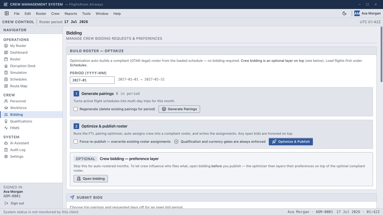 FlightAtom Crew Bid & Publish Workflow screenshot