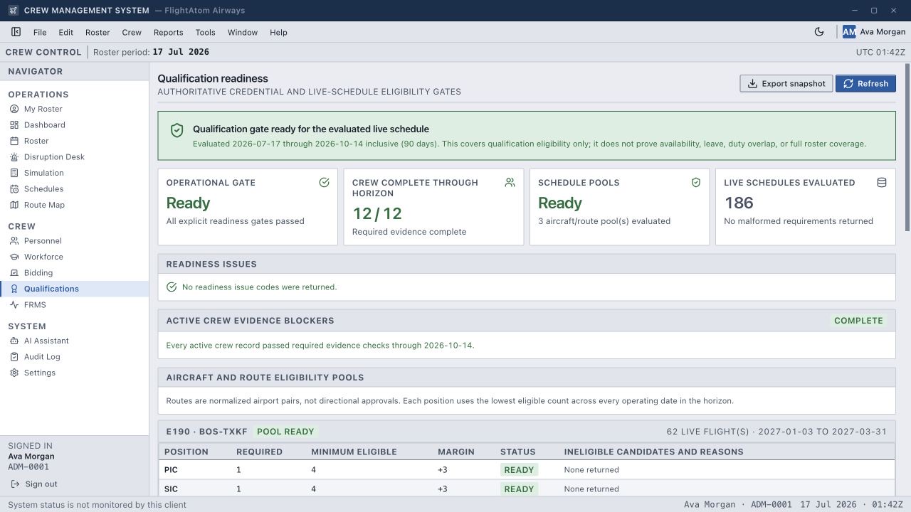FlightAtom Crew Qualification Readiness screenshot