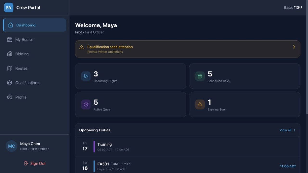 FlightAtom Crew Personal Dashboard screenshot