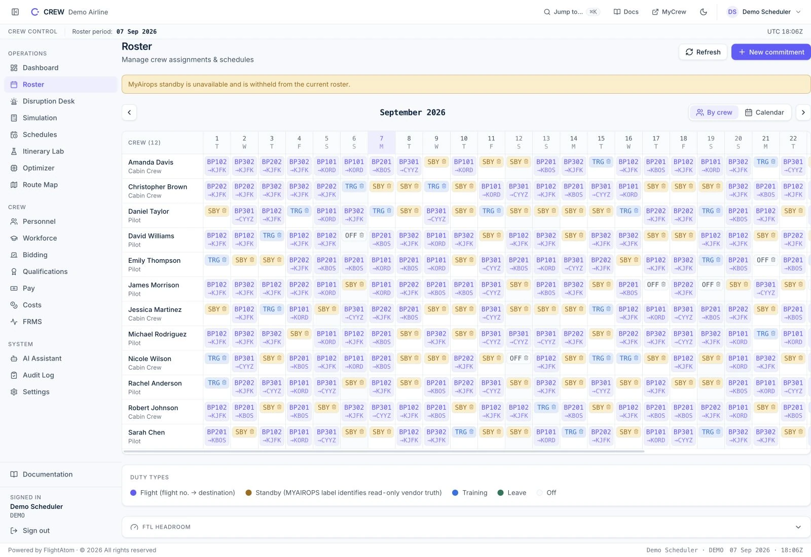 CREW AI roster calendar showing synthetic crew duties and commitments