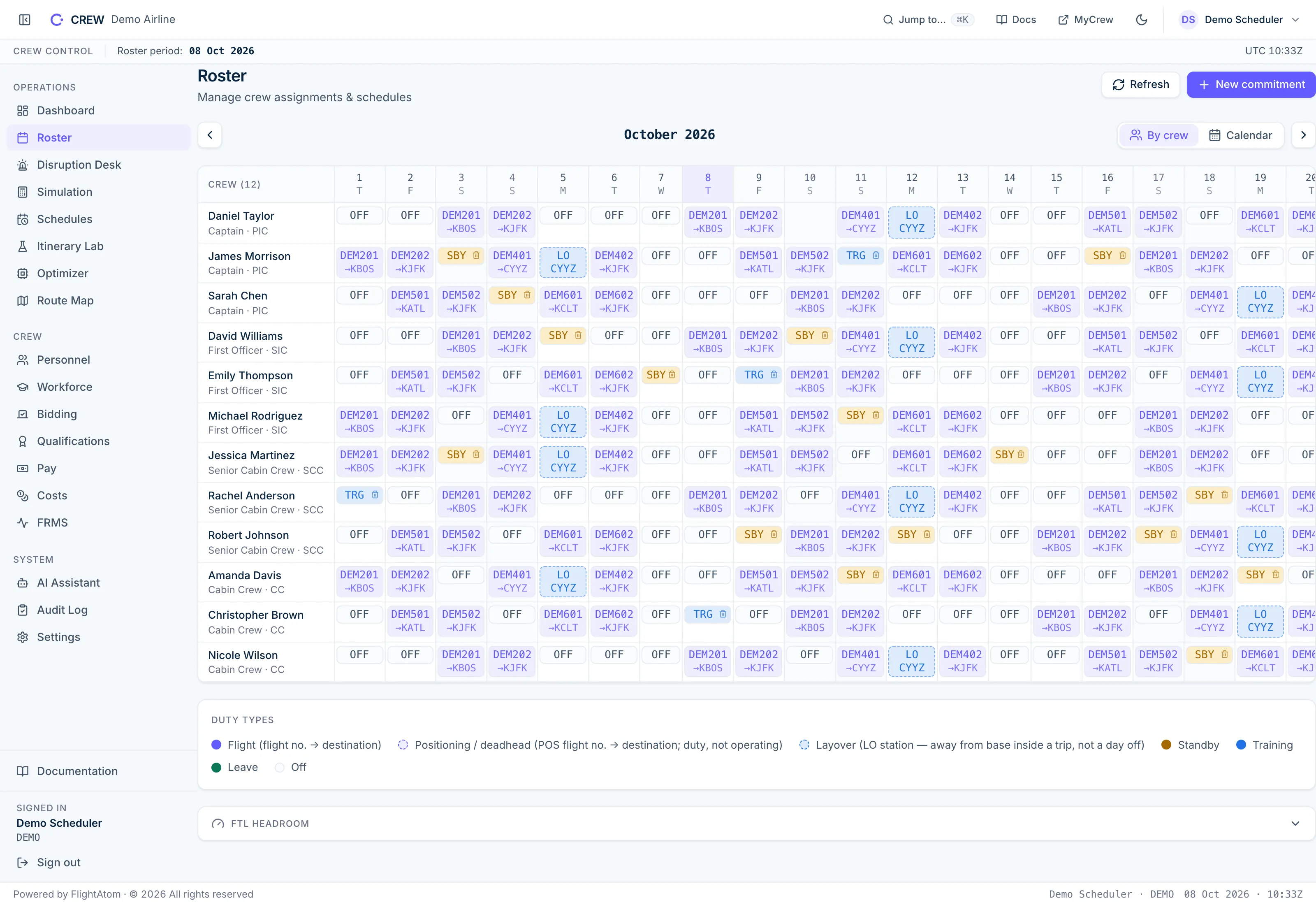 CREW AI roster calendar for a month with synthetic demonstration data: fixed crews of captain, first officer, senior cabin crew and cabin crew flying the same fictional flights, with layover, standby, training and day-off cells and the duty-type legend