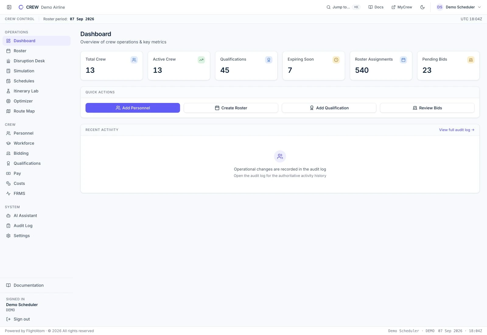 CREW AI dashboard summarizing synthetic crew and planning records
