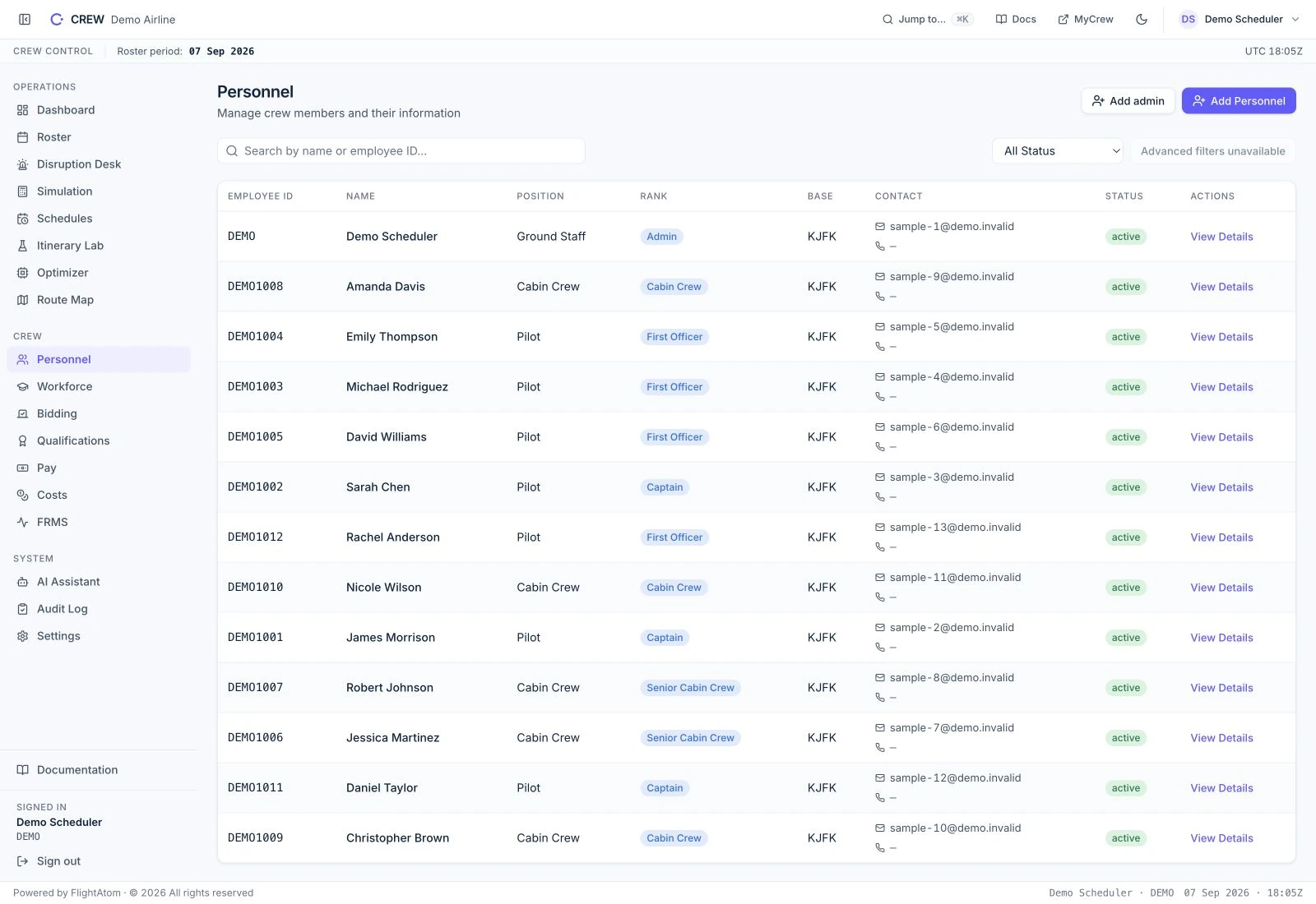 CREW AI personnel directory with fictional crew profiles and demo.invalid contact addresses