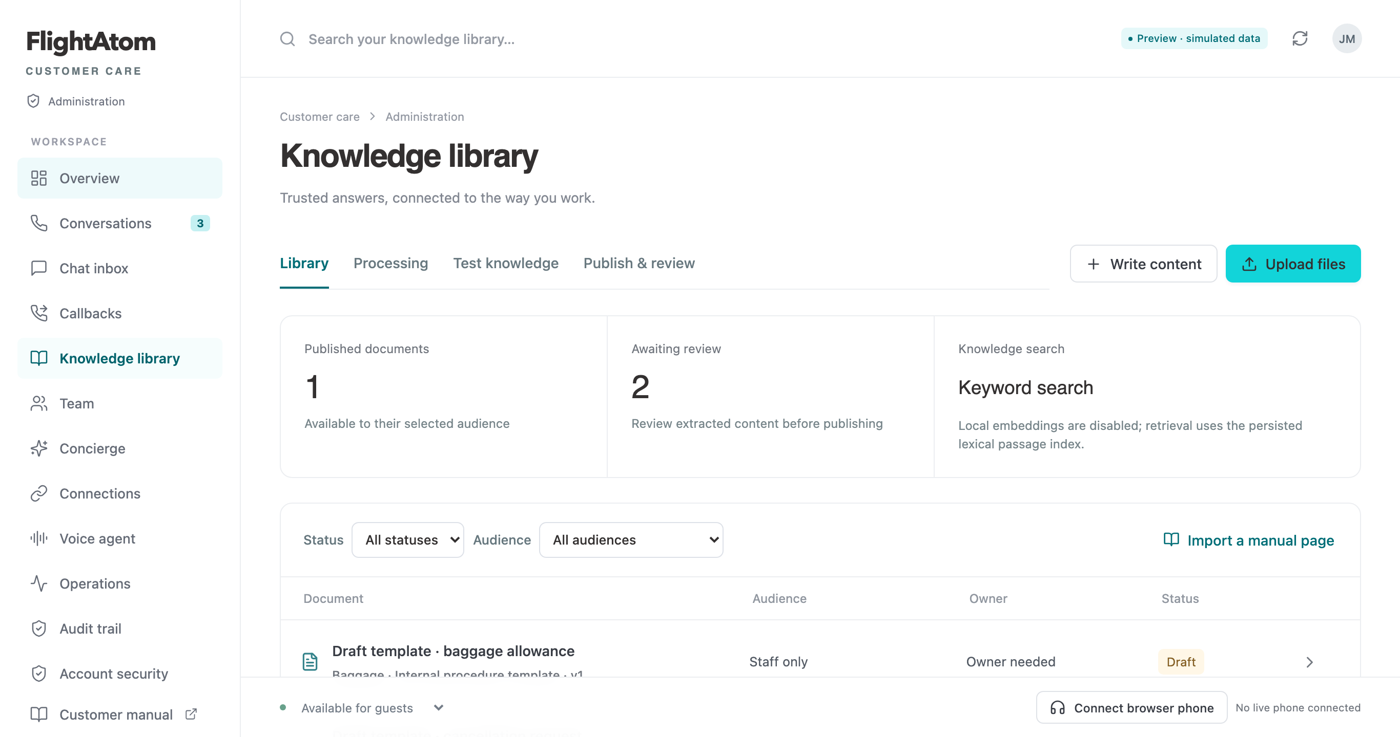 Customer Care knowledge library showing published guidance, drafts, review controls, and demonstration data
