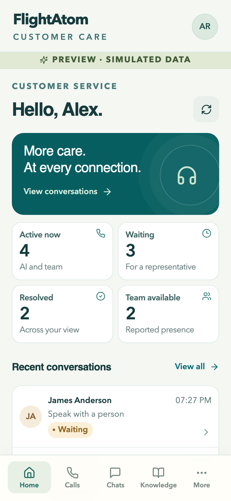 Customer Care mobile browser workspace showing synthetic conversations and staff availability