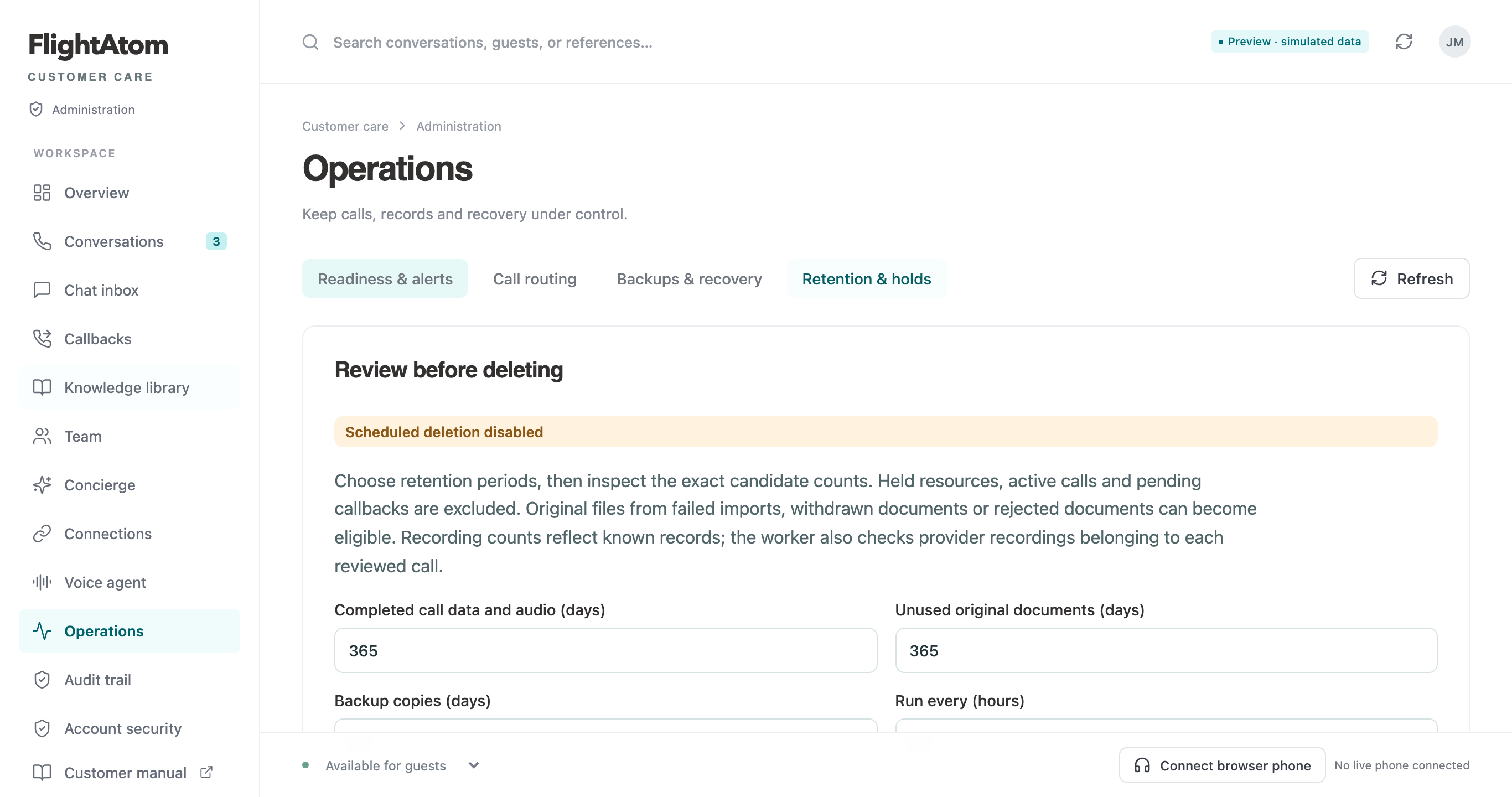 Customer Care operations workspace with retention preview and legal-hold controls using demonstration data