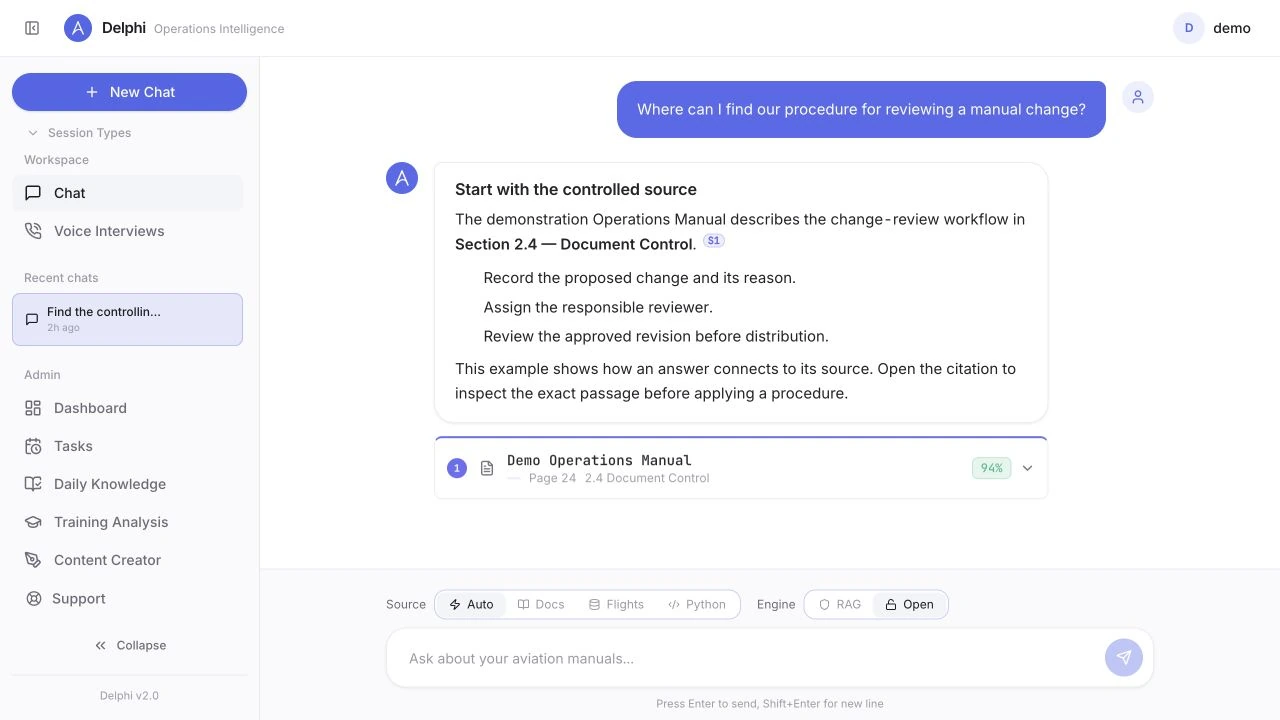 DELPHI cited answer interface using an illustrative manual change question
