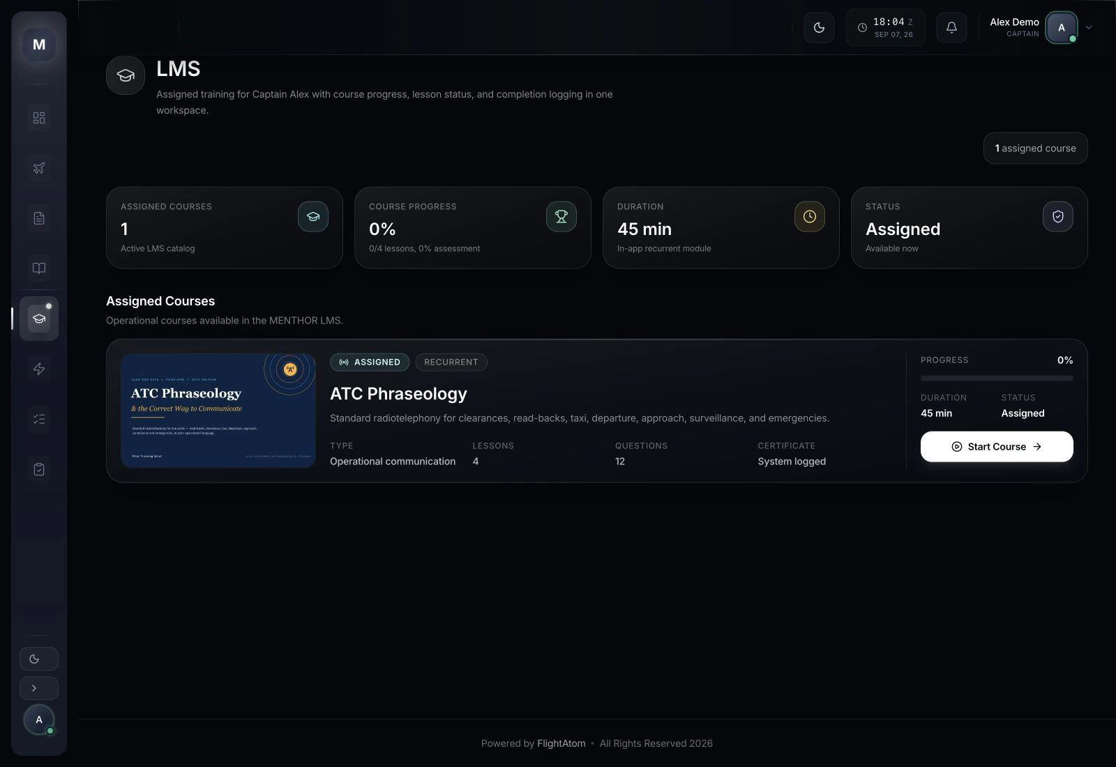 MENTHOR learning workspace displaying assigned operational courses for a demonstration pilot