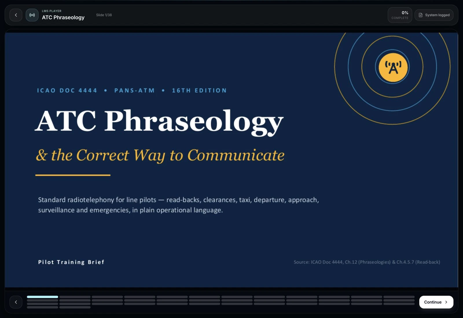 MENTHOR ATC Phraseology course player in the current product interface