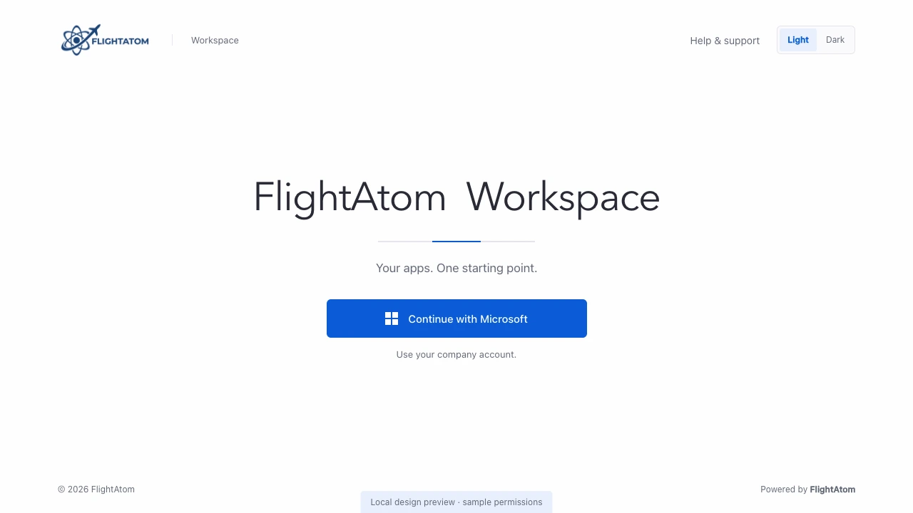 Workspace sign-in page with a Continue with Microsoft button and FlightAtom presentation branding