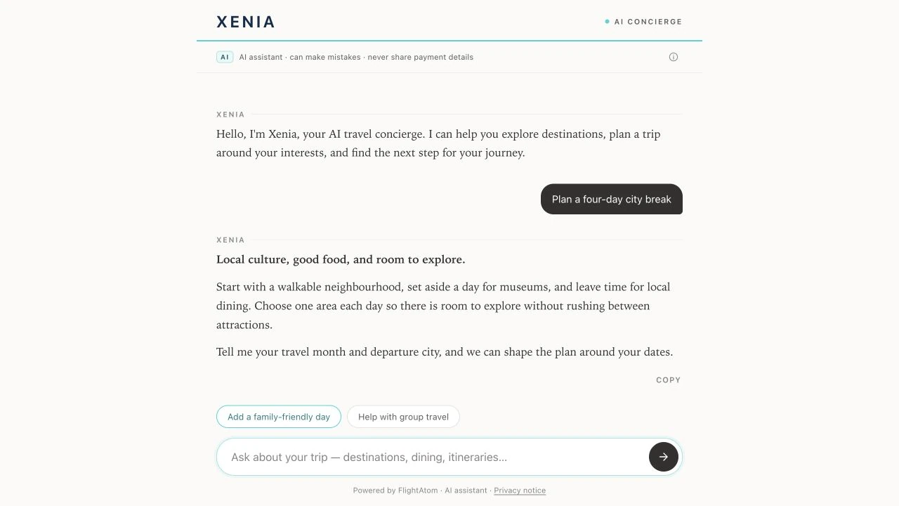 XENIA travel-planning chat interface with an illustrative city-break conversation