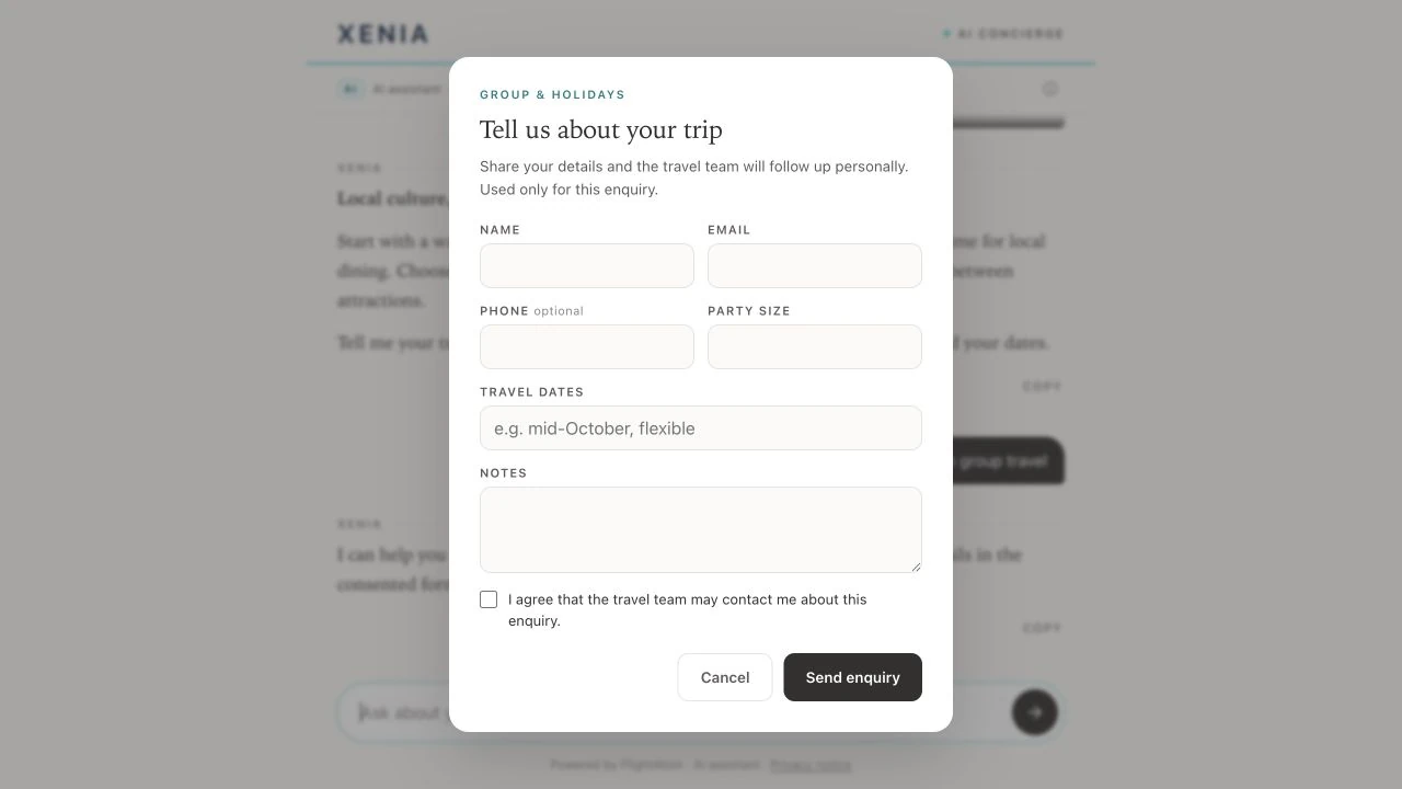 XENIA separate group and holidays enquiry form with consent checkbox