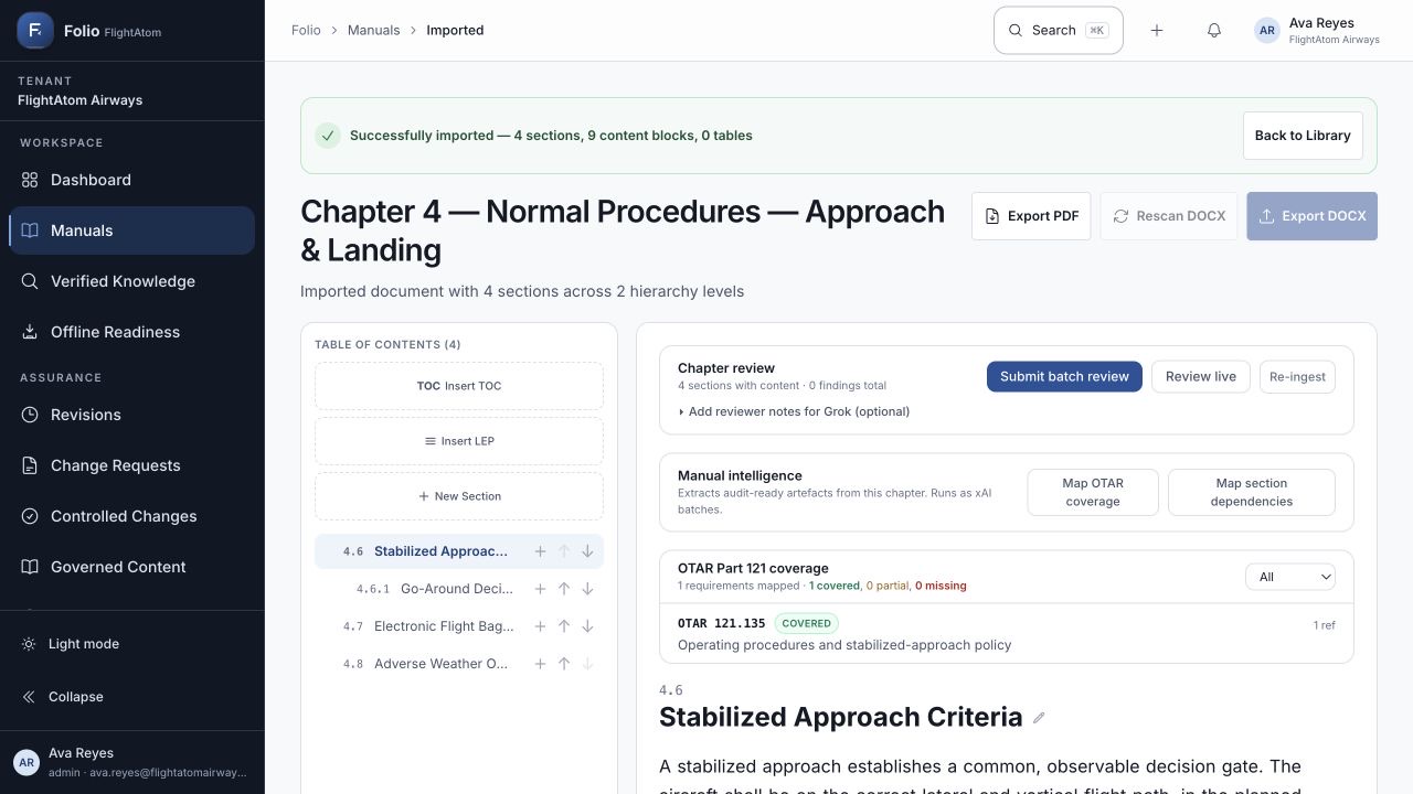 FlightAtom Folio Structured Manual Workspace screenshot