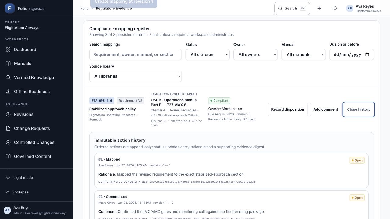 FlightAtom Folio Regulatory Evidence screenshot