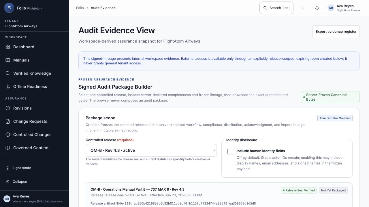 FlightAtom Folio Audit Evidence screenshot