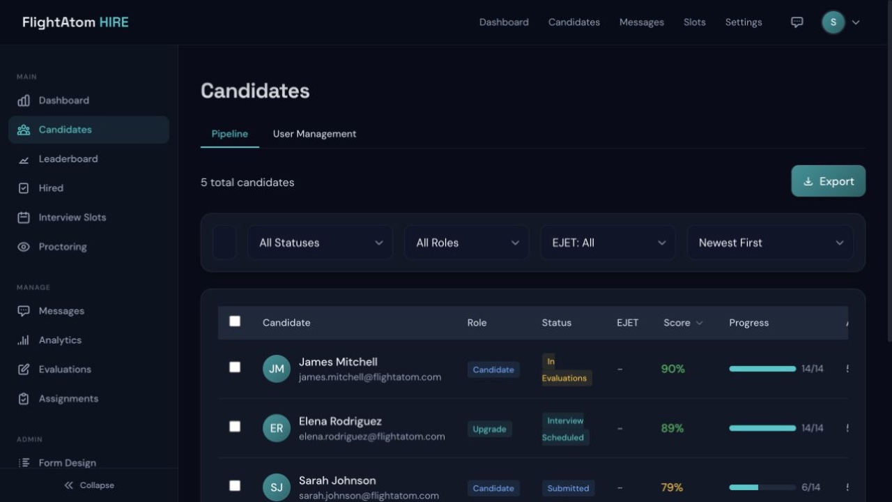 FlightAtom Hire Candidate Pipeline screenshot