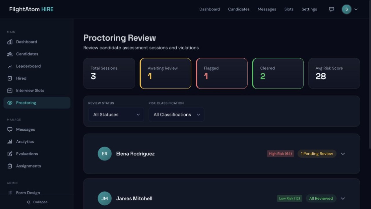 FlightAtom Hire Proctoring Review screenshot
