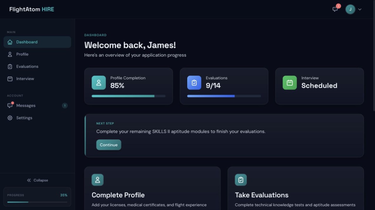 FlightAtom Hire Candidate Dashboard screenshot