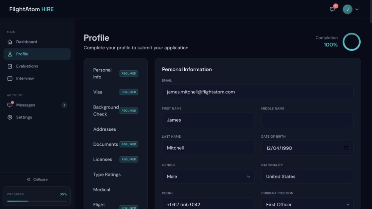 FlightAtom Hire My Profile screenshot
